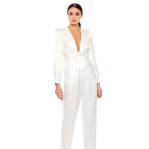 Mac Duggal Ieena Satin Long-Sleeve Jumpsuit 2 White